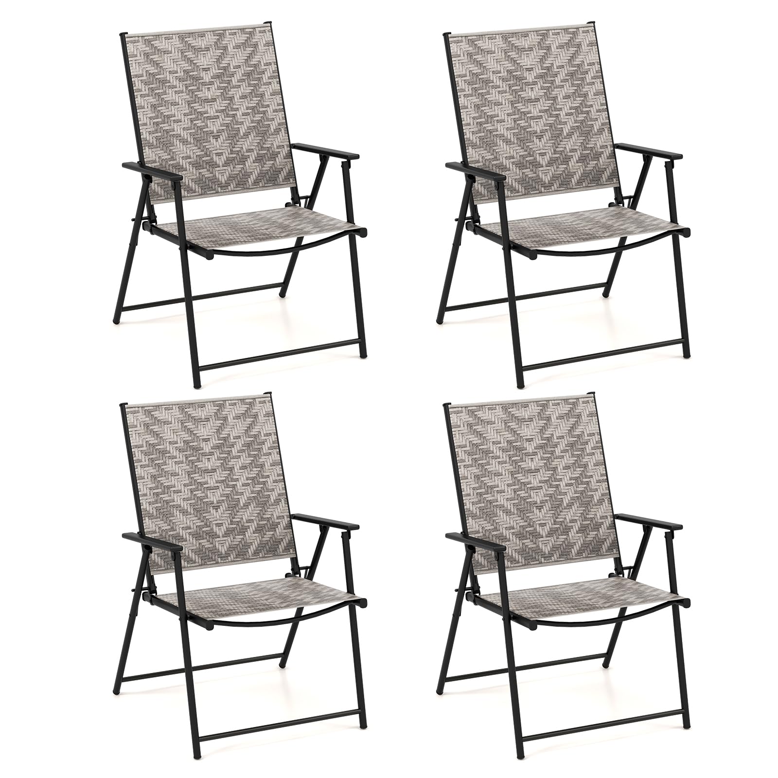 Lot de 4 chaises pliantes de patio Tangkula, chaises de salle à manger d'extérieur en osier avec accoudoirs (4, gris mélangé)